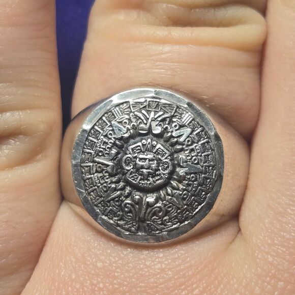 Mayan Calendar Vintage Sterling Silver Ring Sz 10 - Picture 4 of 5